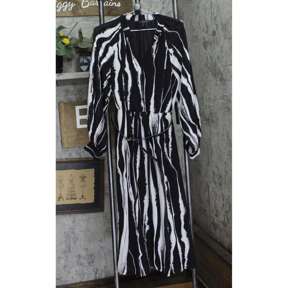 Donna Karan Womens Printed Chiffon Belted Midi Dress Black White Multi 10 - Picture 1 of 11